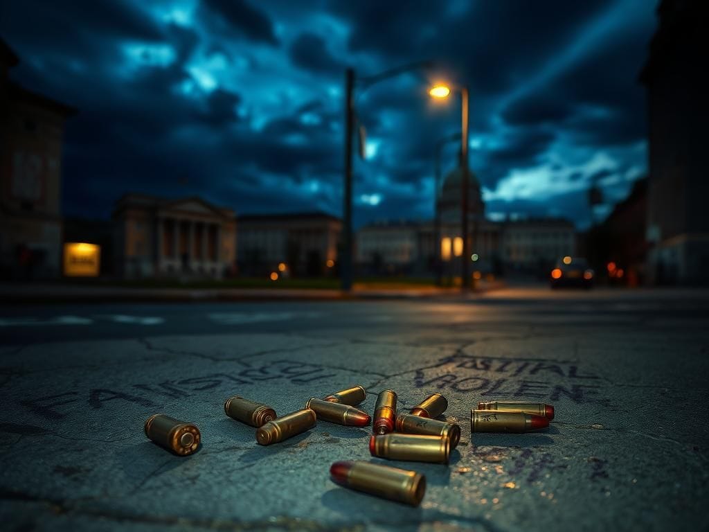 Flick International A dimly lit urban landscape with graffiti and spent bullet casings symbolizing political violence