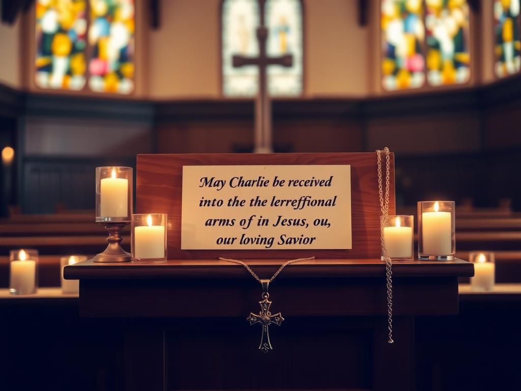 Flick International A solemn wooden podium adorned with a heartfelt sign and candles, symbolizing remembrance.
