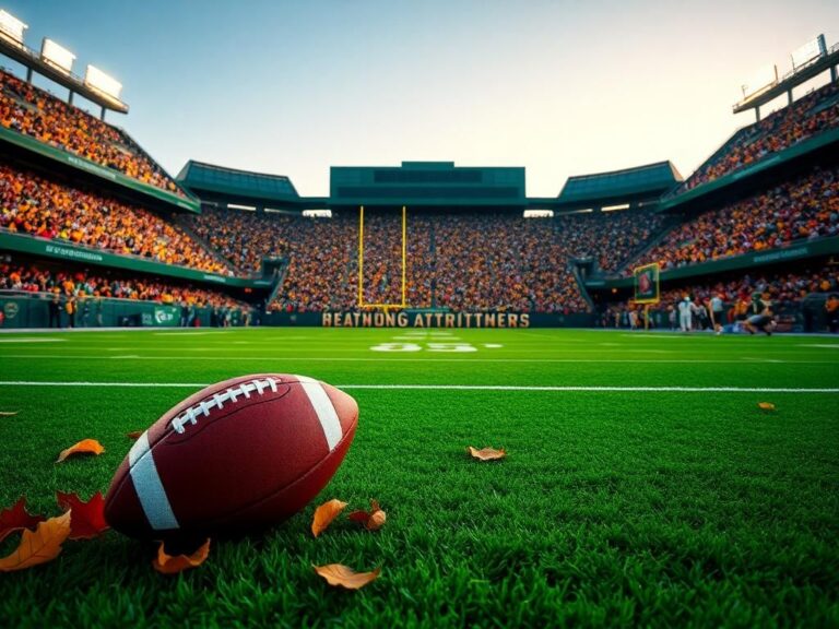 Flick International Dynamic view of a green football field under stadium lights with autumn leaves and fans