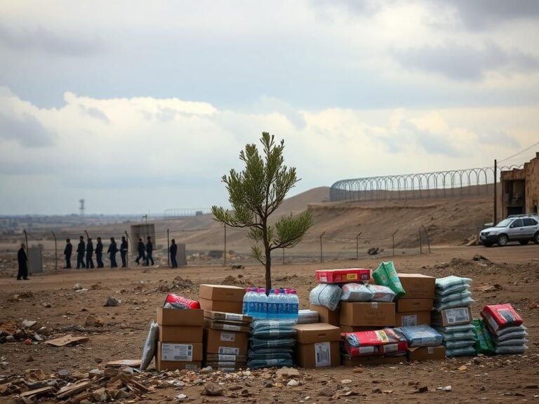 Flick International Aid supplies stacked in a rugged Gaza landscape under a moody sky