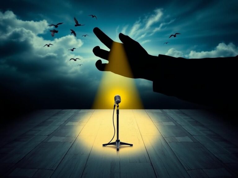 Flick International A solitary microphone on an empty stage under a spotlight, symbolizing free speech against looming censorship.