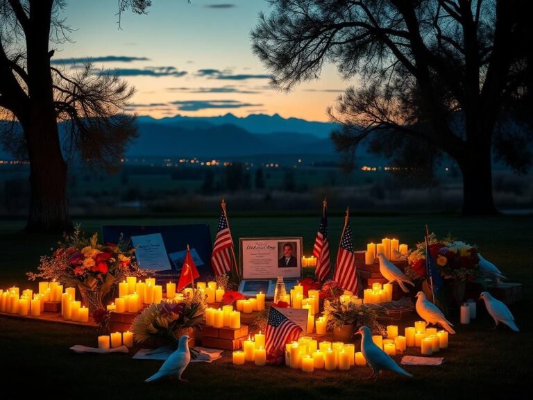 Flick International Candlelit vigil memorial for Charlie Kirk with flowers and American flags against a Utah twilight landscape