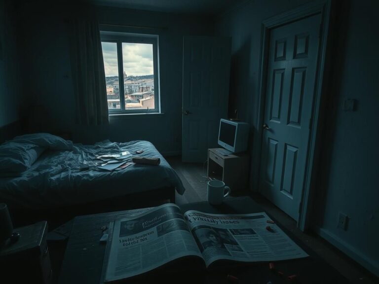 Flick International Dimly lit abandoned apartment in Saint George, Utah, depicting a cluttered living room filled with remnants of a hurried life.