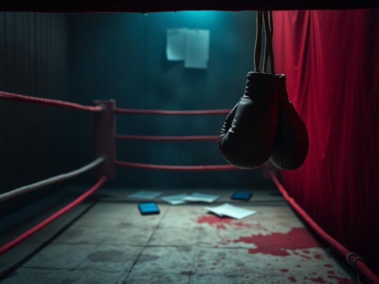 Flick International Boxing ring with worn gloves and frayed ropes illustrating defeat and struggle