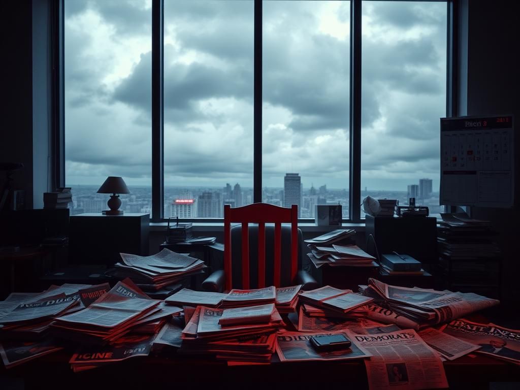 Flick International A cluttered desk in a dimly-lit office representing political tension around Biden's presidency