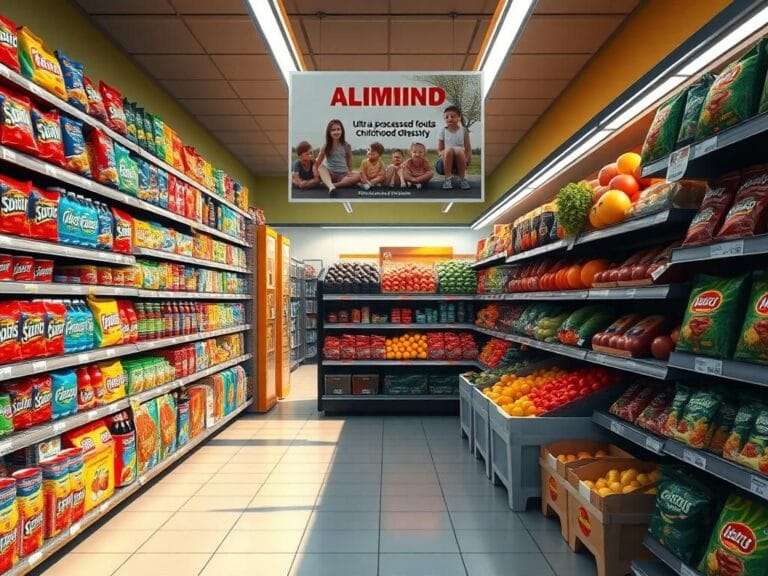 Flick International Supermarket aisle contrasting colorful junk food with fresh produce