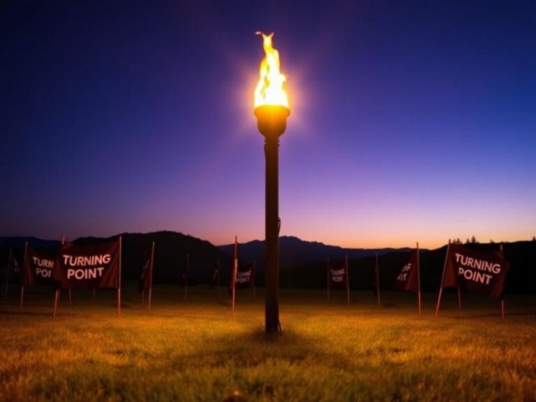 Flick International Illuminated torch held aloft in an open field representing hope and leadership for Turning Point USA
