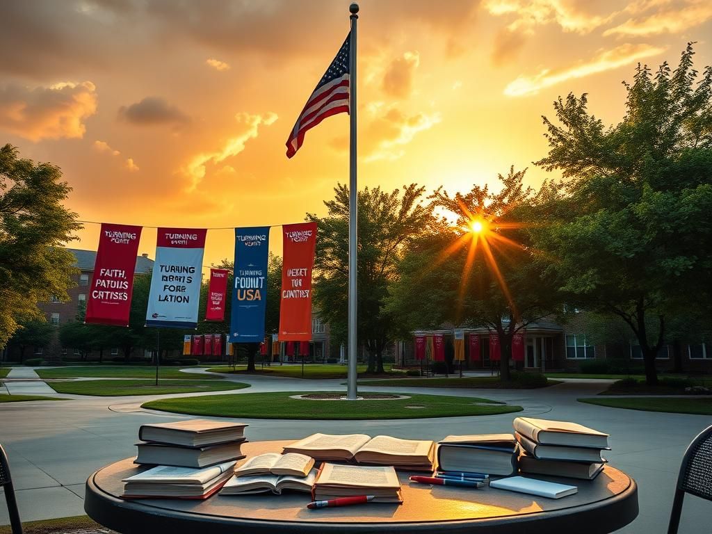 Flick International An empty college campus with a flagpole at half-mast, surrounded by Turning Point USA banners