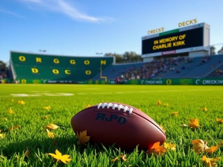 Flick International Serene college football stadium adorned in Oregon Ducks colors with a football and tribute message for Charlie Kirk