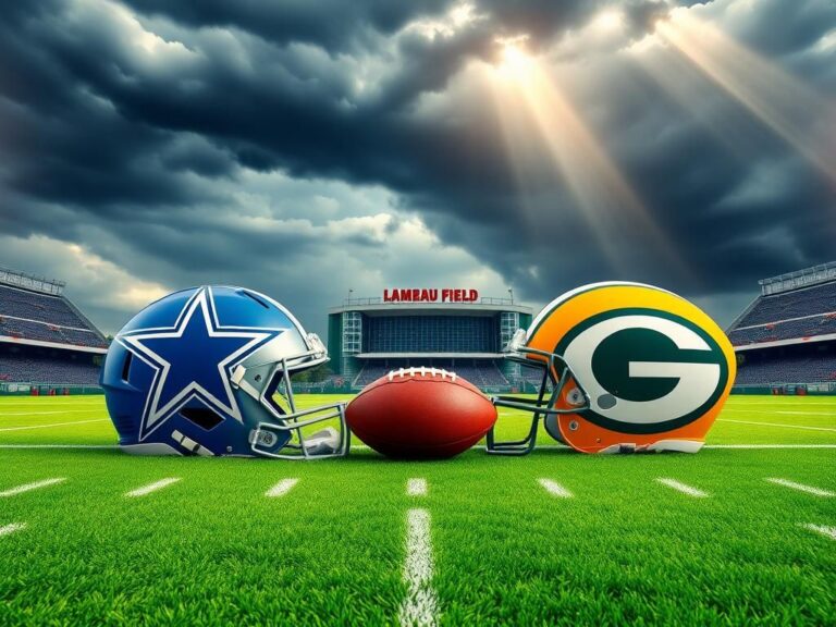 Flick International A football field divided between the Dallas Cowboys and Green Bay Packers, showcasing team colors and elements.