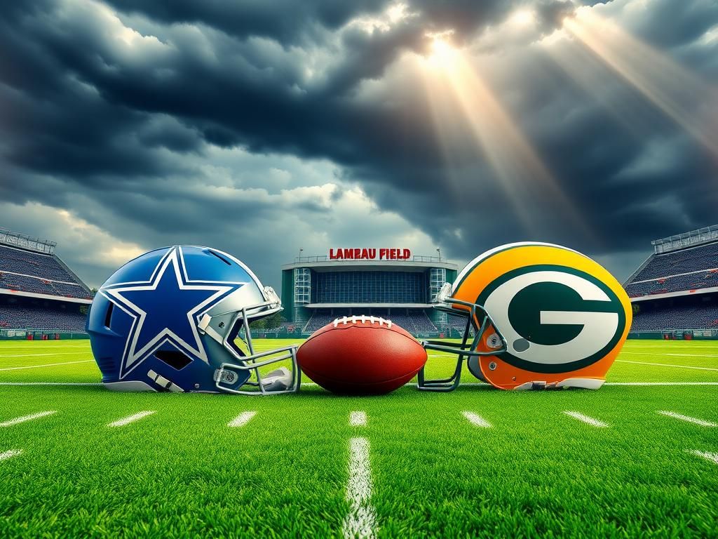 Flick International A football field divided between the Dallas Cowboys and Green Bay Packers, showcasing team colors and elements.