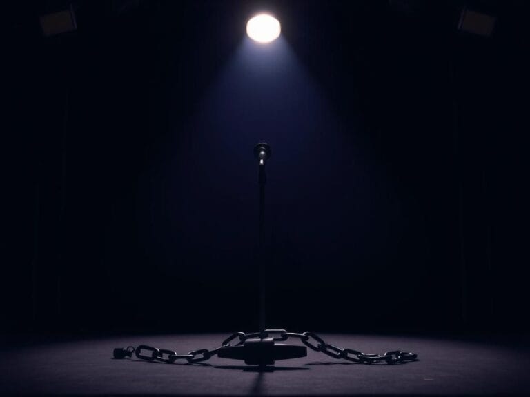 Flick International Dark stage set with spotlight on a microphone stand and broken chain symbolic of censorship