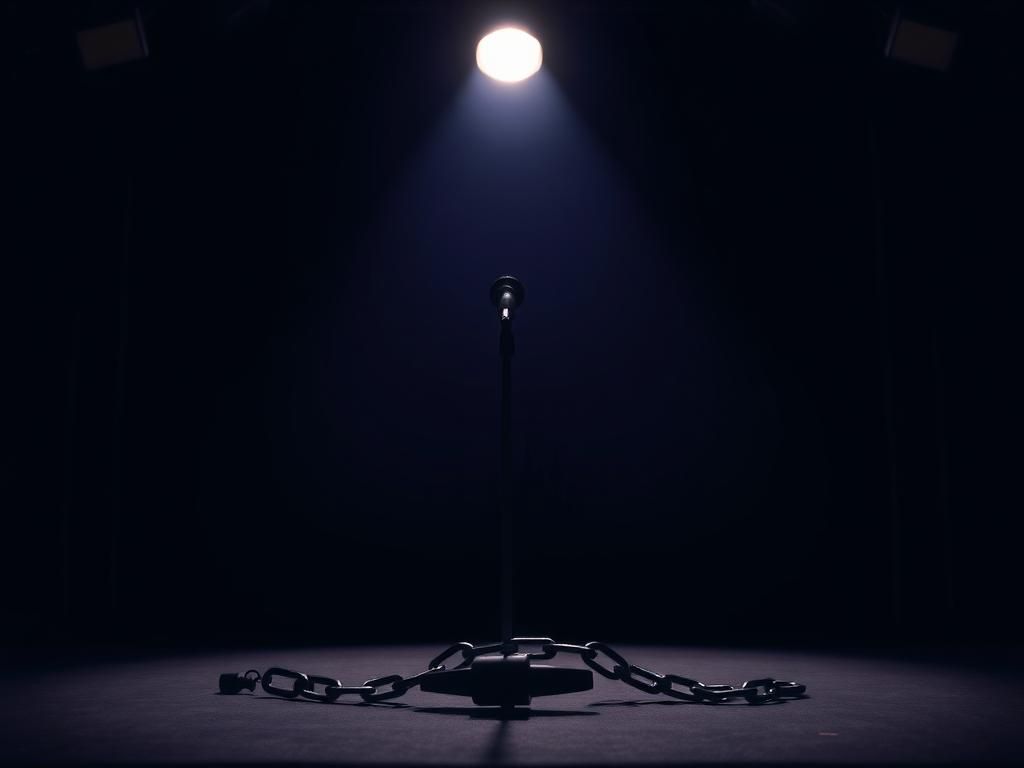 Flick International Dark stage set with spotlight on a microphone stand and broken chain symbolic of censorship