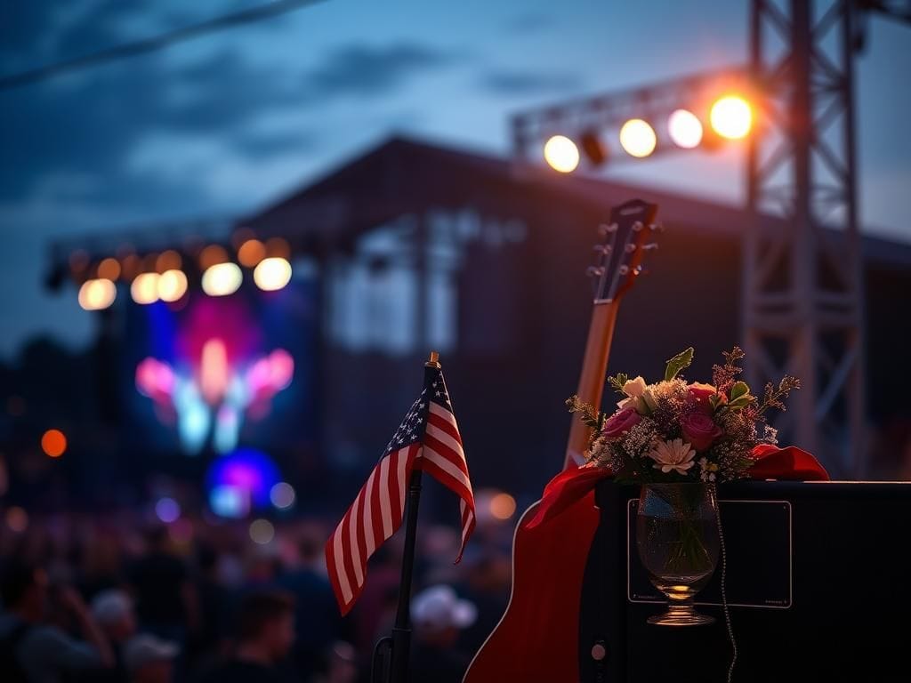 Flick International A somber concert stage set under a twilight sky, featuring a guitar and an American flag symbolizing remembrance.