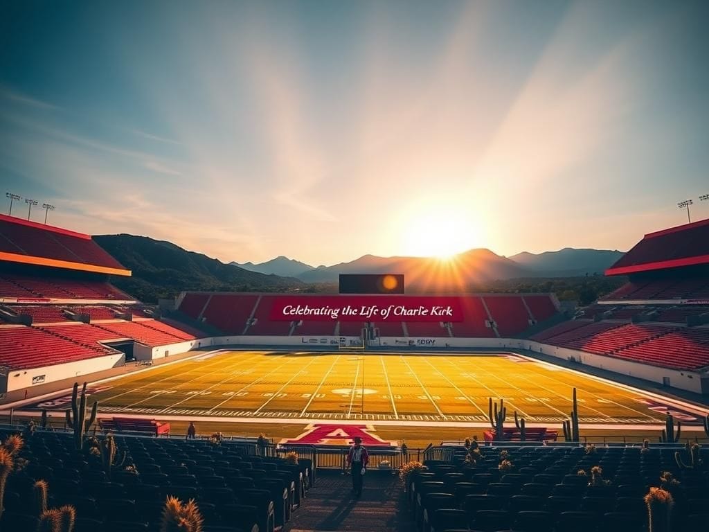 Flick International A serene sunrise over a vast Arizona football stadium, honoring Charlie Kirk