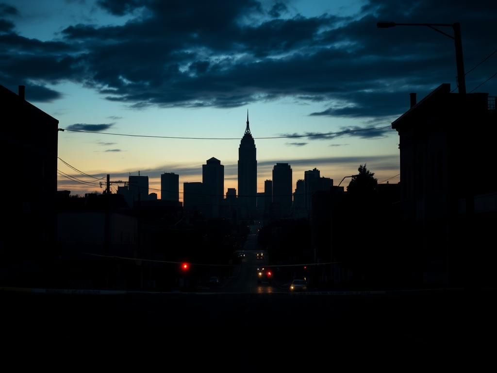 Flick International Silhouette of the Memphis skyline at twilight with police tape and street signs reflecting recent crime