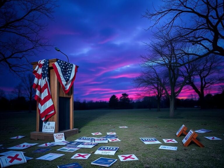 Flick International An empty outdoor political rally site at twilight with a weathered podium and American flag