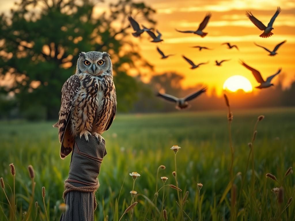 Flick International Majestic owl perched on a rustic glove in a serene falconry scene at sunset
