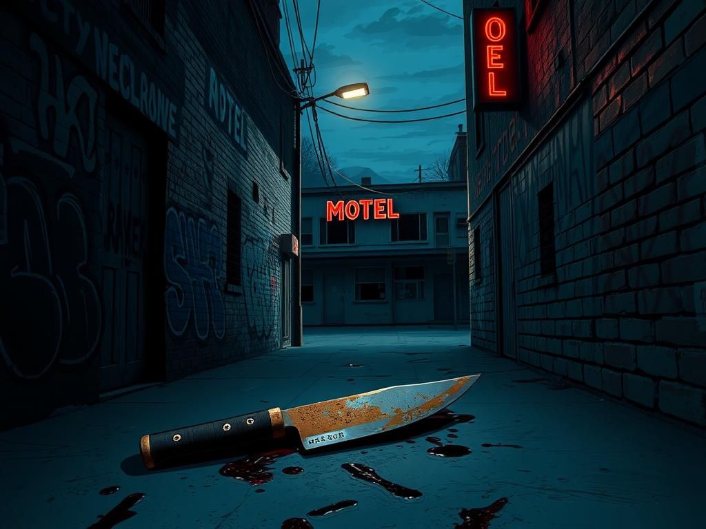 Flick International Abandoned rusted machete in dark urban alleyway reflecting recent violence