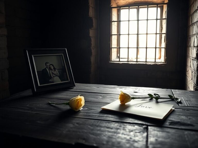 Flick International A weathered wooden table in a dimly lit prison cell with a framed photograph of a couple and a single white rose