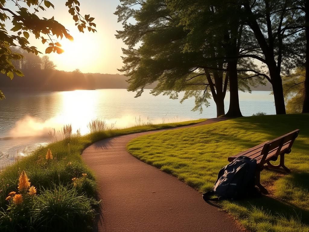 Flick International Serene lakeside park scene with winding pathway, symbolizing the search for the missing professor.