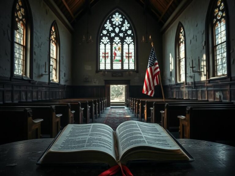 Flick International Abandoned church interior with a broken cross and open Bible symbolizing neglect and betrayal