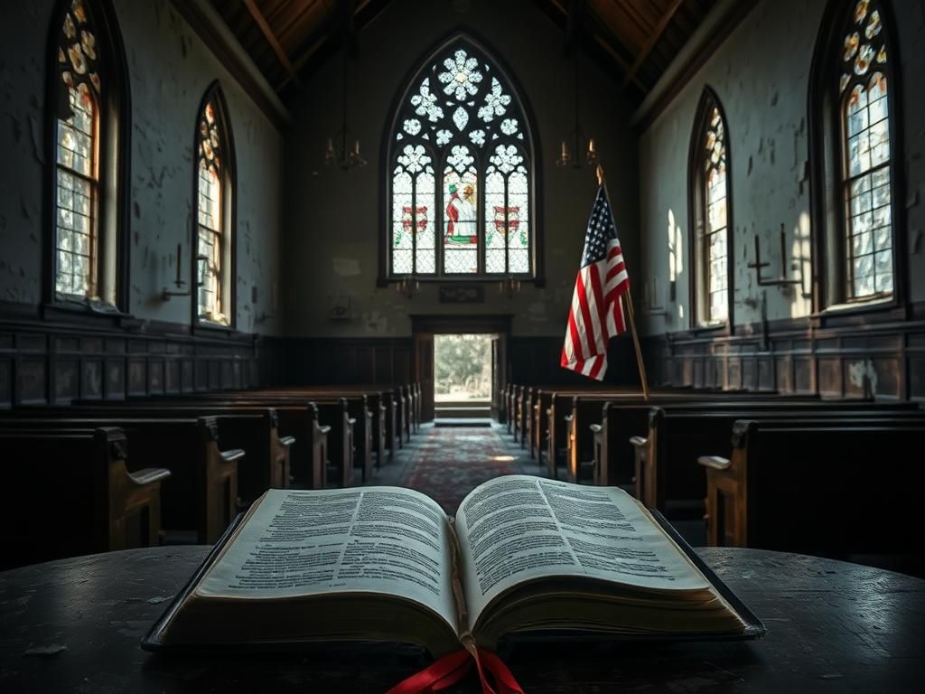 Flick International Abandoned church interior with a broken cross and open Bible symbolizing neglect and betrayal