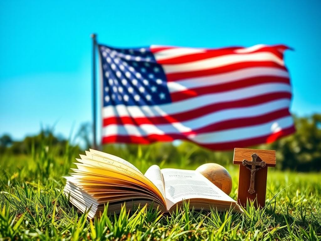 Flick International Majestic American flag waving in a serene outdoor setting with symbols of education and faith