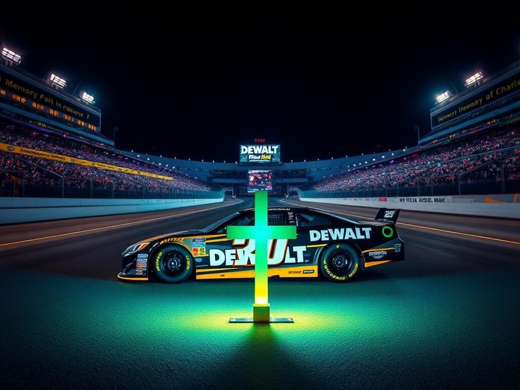 Flick International Nighttime scene at Bristol Motor Speedway featuring #20 DEWALT racing car in memory of Charlie Kirk