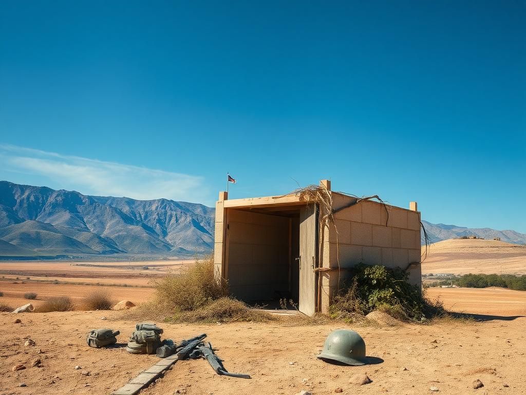 Flick International An empty military barrack surrounded by overgrown vegetation, symbolizing the tension of military duty in Israel.