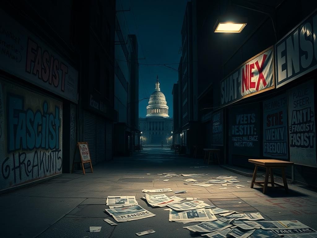 Flick International Dark urban street at night featuring graffiti on political themes