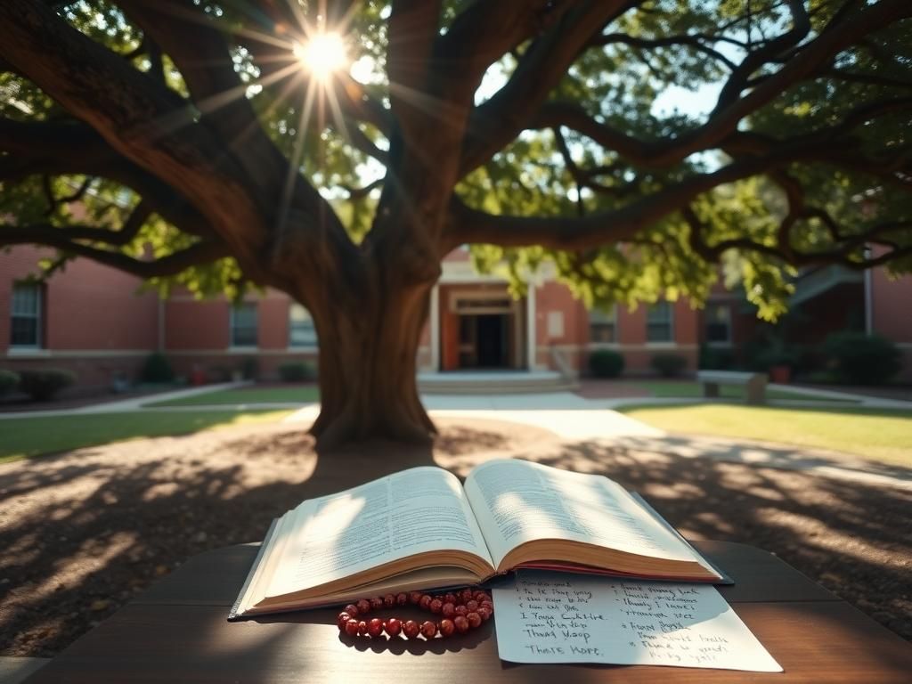 Flick International Serene school courtyard with a large oak tree and open Bible on a bench