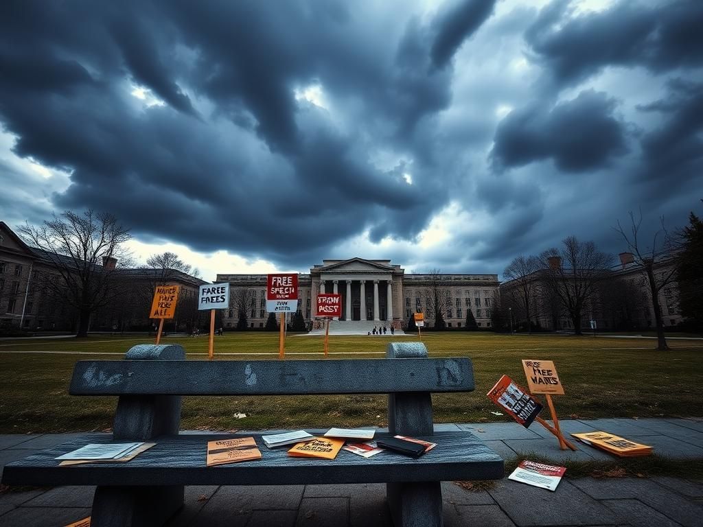 Flick International Empty university campus quad with protest signs advocating for free speech