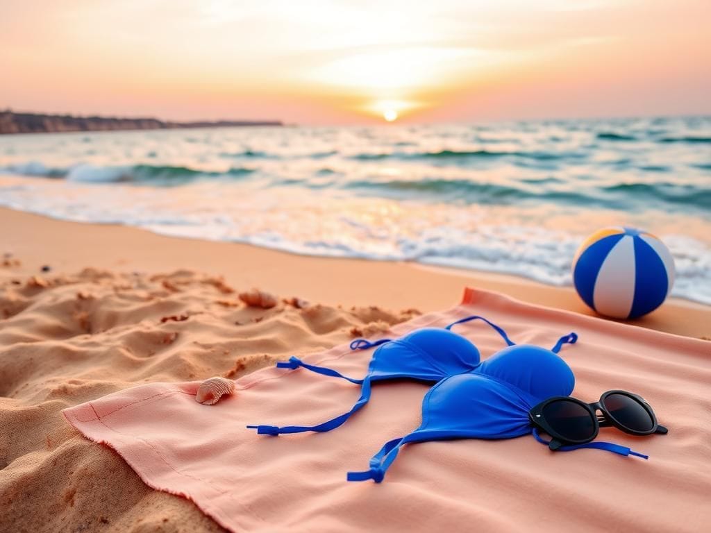 Flick International Vibrant blue bikini on a sun-bleached towel at the beach