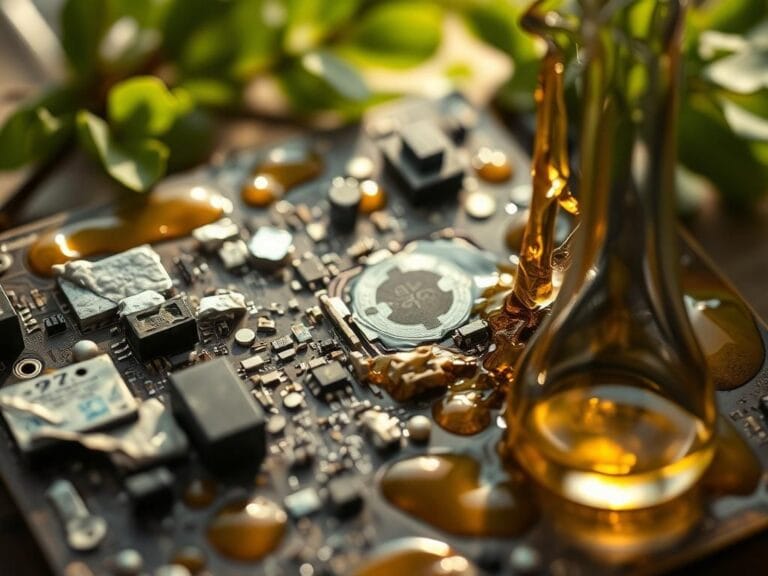Flick International Close-up of a damaged circuit board with silver traces surrounded by golden cooking oil
