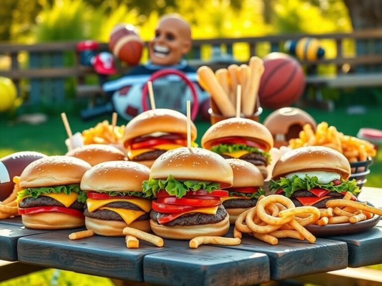 Flick International A vibrant display of classic American burgers with colorful condiments on a picnic table