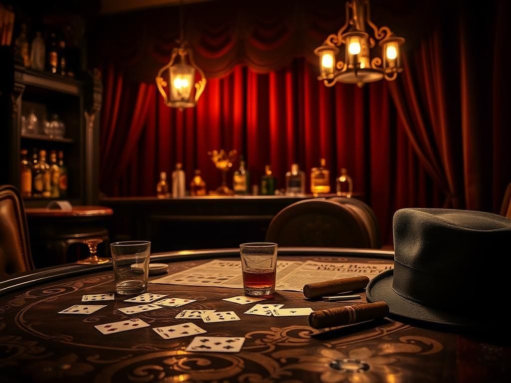 Flick International Moody scene in a 1920s speakeasy featuring a poker table with playing cards and a whiskey glass