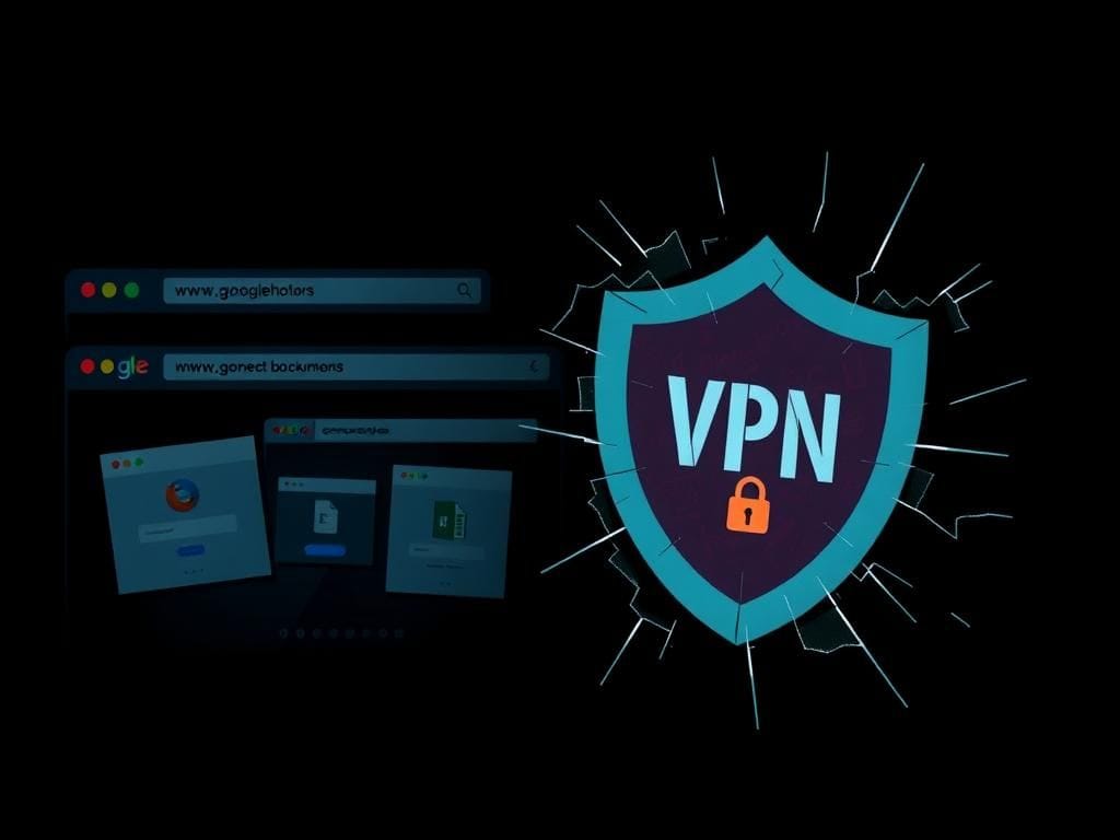 Flick International digital illustration of a shadowy browser interface showing Google tabs with sensitive data overlays
