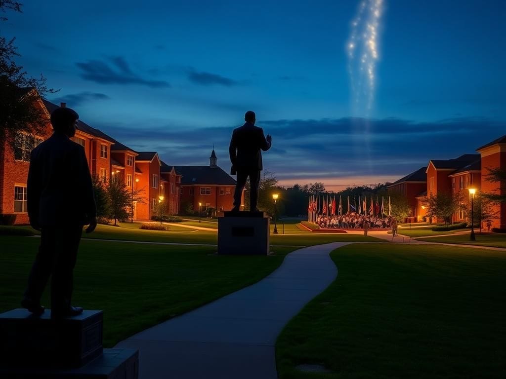 Flick International Statue symbolizing leadership on a serene college campus at dusk