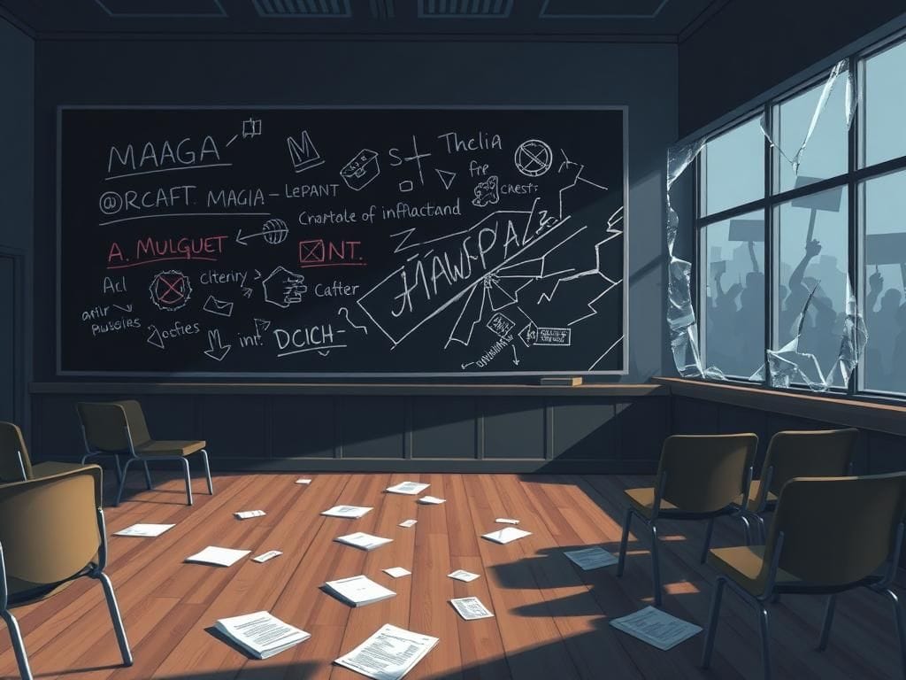 Flick International A digitally illustrated empty lecture hall reflecting political turmoil