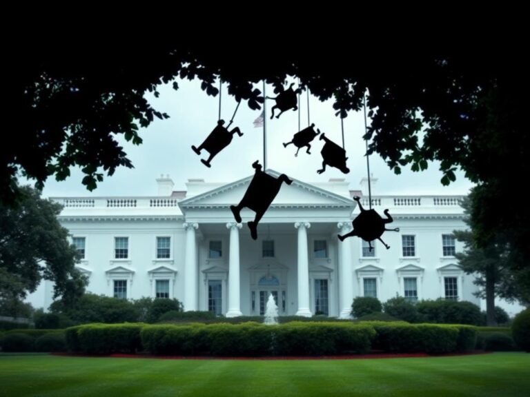 Flick International Mysterious objects falling from a White House window amidst lush greenery.