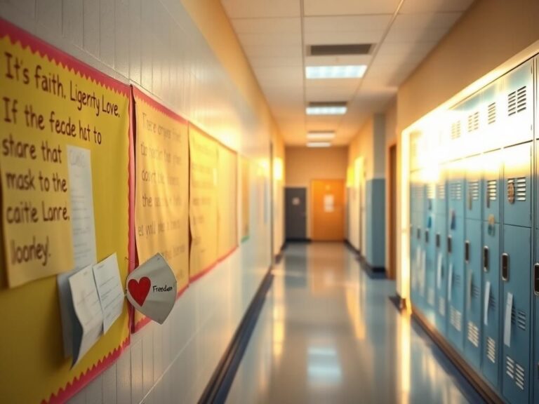 Flick International A serene school hallway showcasing colorful bulletin boards with inspirational quotes about faith and liberty.