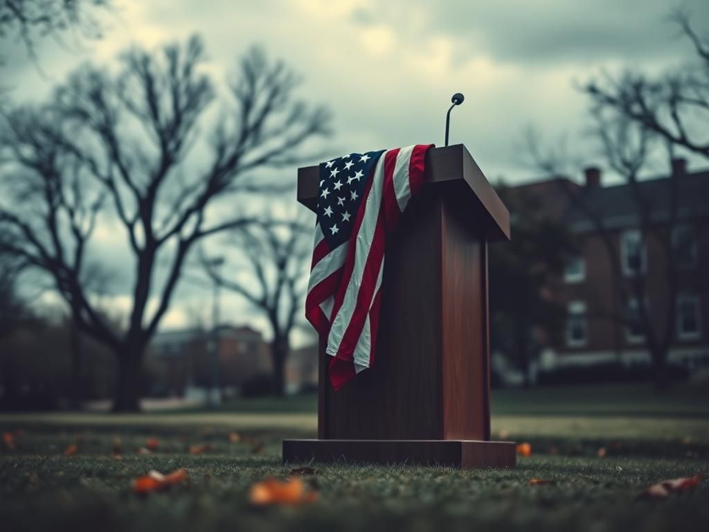 Flick International Somber university campus with empty podium and American flag symbolizing free speech
