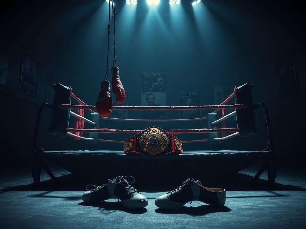 Flick International Worn boxing gloves and a championship belt in a dimly lit gym representing Ricky Hatton's legacy