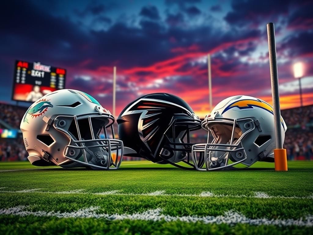 Flick International A vibrant football stadium scene showcasing NFL team helmets under an evening sky
