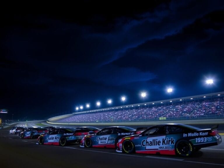 Flick International Dramatic nighttime scene at Bristol Motor Speedway with racing cars and tribute decals for Charlie Kirk