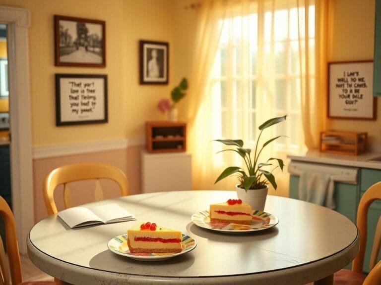 Flick International Cozy kitchen scene inspired by 'The Golden Girls' featuring a dining table with cheesecake and colorful decor.