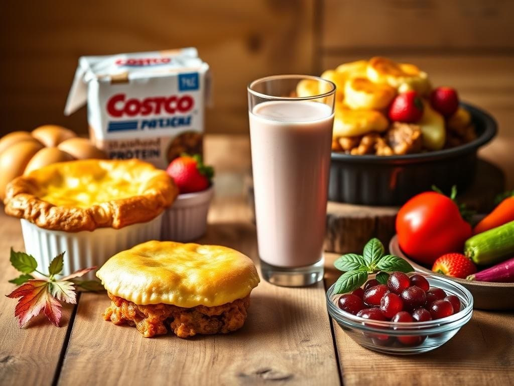 Flick International A beautiful arrangement of Costco's new fall seasonal food offerings including chicken pot pie, shepherd's pie, strawberry protein shake, and balsamic vinegar pearls.