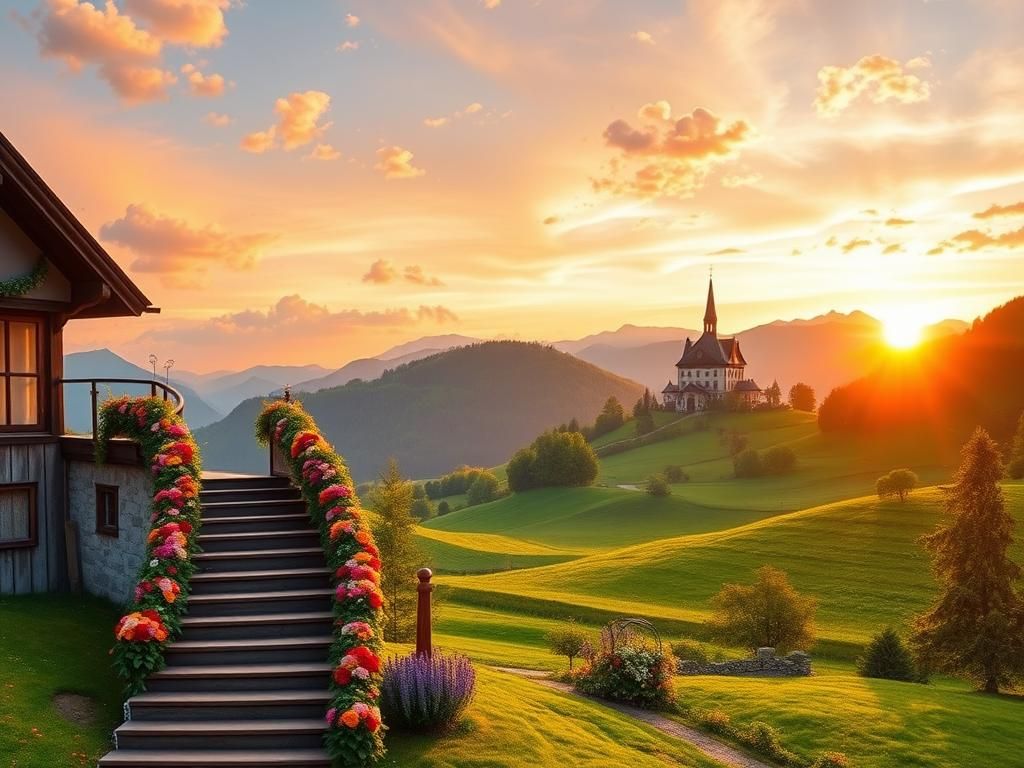 Flick International Scenic view of the Austrian countryside with iconic staircase and floral decorations