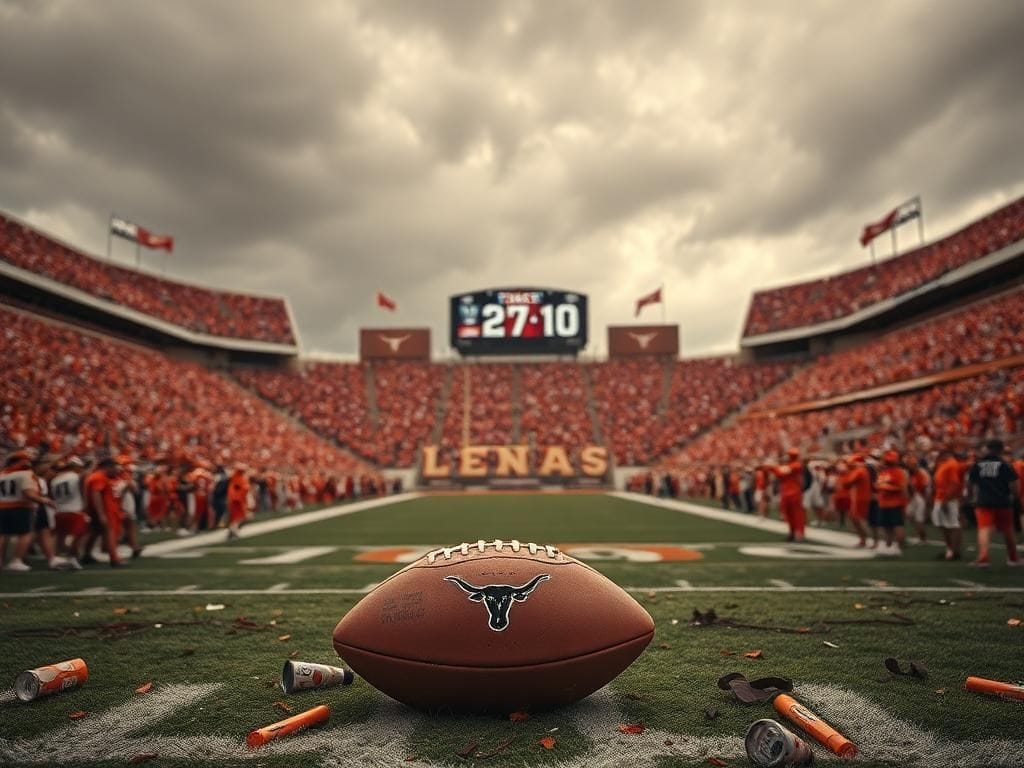 Flick International Deflated football on the field with fans in burnt orange at Texas football stadium
